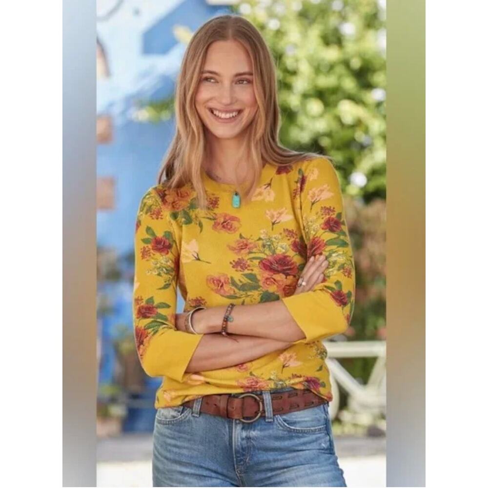 Sundance Catalog Waffle Knit Thermal 3/4 Sleeve Floral Crewneck Top, L